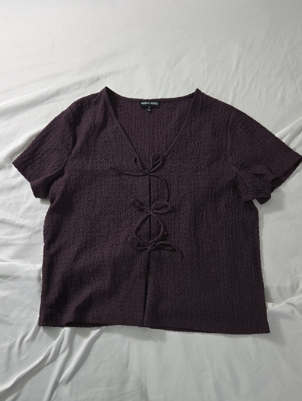 Modern Ribes Plum Textured Tie-Front Short Sleeve Blouse